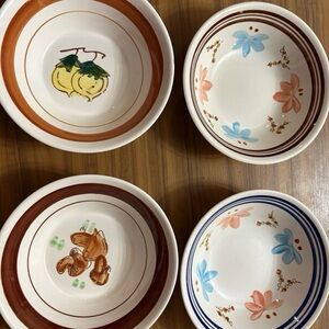 Four Decorative Bowls Floral  Fruit Designs Vintage Mushroom lemon handpainted